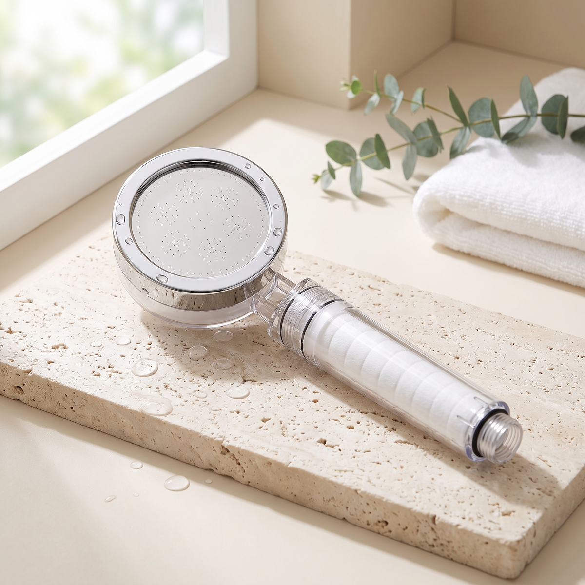 Pommeau de douche filtrant Purissea sur une tablette en pierre