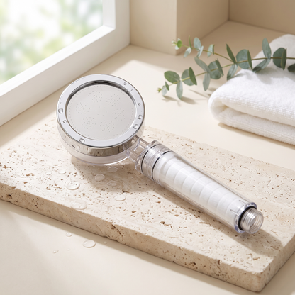 Pommeau de douche filtrant Purissea sur une tablette en pierre